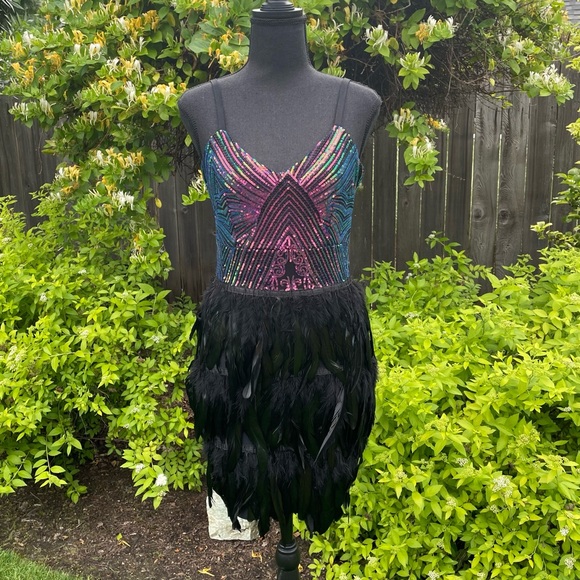 Sparkle & Shine Dress Short Sleeveless Spaghetti Strap Sequined with Feather - Picture 2 of 10